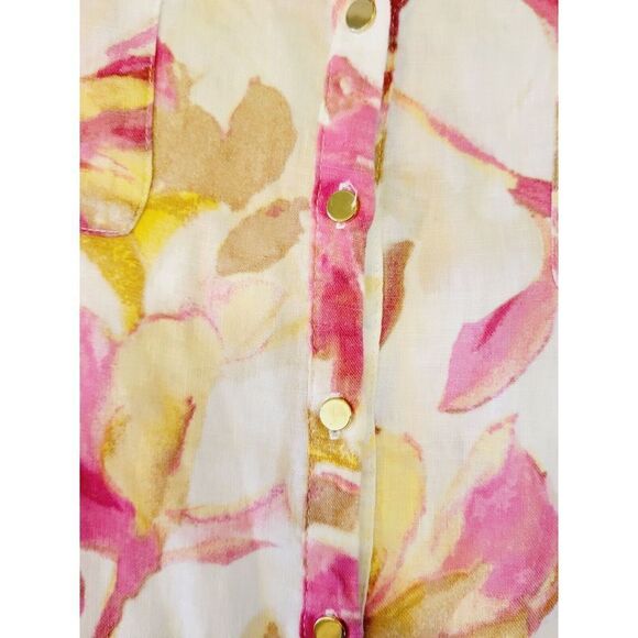 J M Collection 16 100% Linen Top Blouse Shirt White Pink Yellow Floral Button - Picture 5 of 7